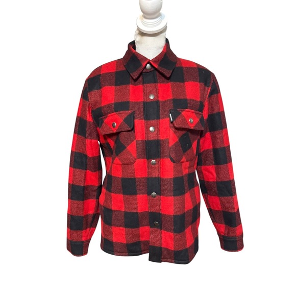 Sandro Paris Men Red Black Buffalo Plaid Sherpa Lined trucker Jacket Size L